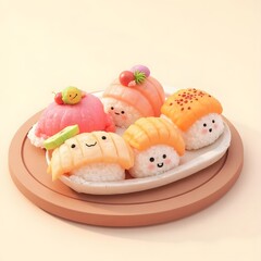 Cute 3D cartoon sushi image in pastel tones