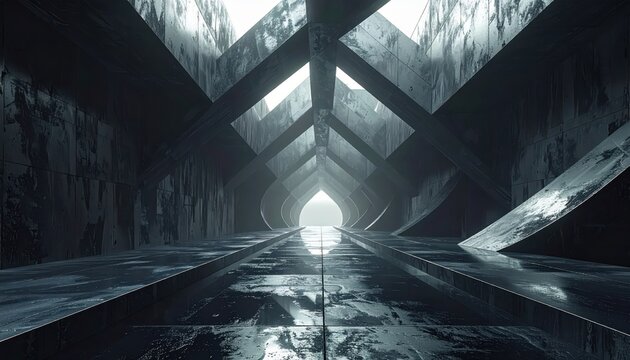 A futuristic architectural corridor showcases intersecting concrete forms bathed in cool, ambient lighting, leading toward a bright