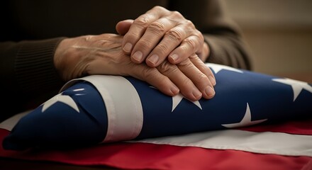Hands Resting on Folded American Flag - A Moment of Remembrance.