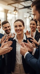 Businesswoman Receives Applause from Colleagues for Successful Project.