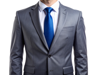 Gray Suit Jacket with White Shirt and Blue Tie, Front Identification Photo Style, Isolated on Transparent Background