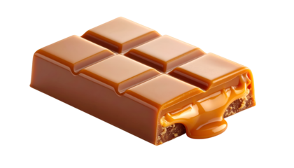 Delicious Flowing Caramel Chocolate Bar Segment on Black. Gooey Molten Filling Oozing from Decadent Sweet Treat, Perfect for Indulgent Confectionery Ads & Dessert Menus