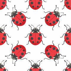 Fototapeta premium Seamless repeating pattern of cute red and black cartoon ladybugs on a white background.