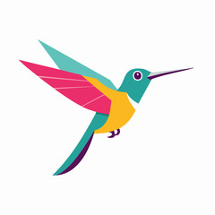 Obraz premium A colorful stylized hummingbird with geometric wings flying against a plain white background.