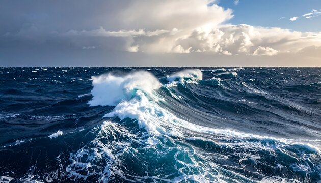 Dramatic ocean waves under stormy sky