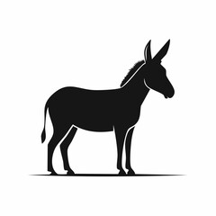 Obraz premium A black silhouette of a donkey, a farm animal, standing in profile on a simple white background.
