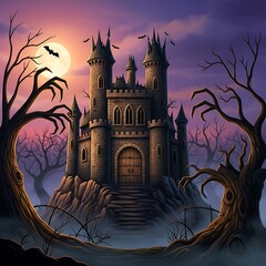 Eerie Castle Silhouette Against a Moonlit Sky - A Halloween Fantasy.