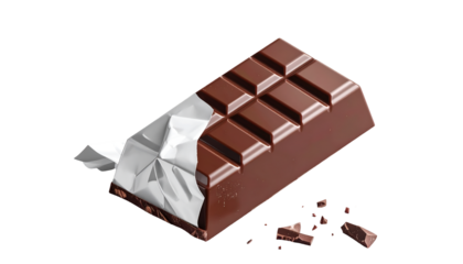 Luxurious Dark Chocolate Bar Partially Unwrapped with Silver Foil and Scattered Pieces on Black Background