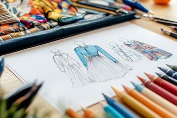 Clothing Designer's Desk with Fashion Collection Blueprint