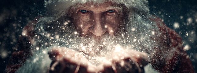 Magical happy Santa Claus blowing glowing snow particles for christmas