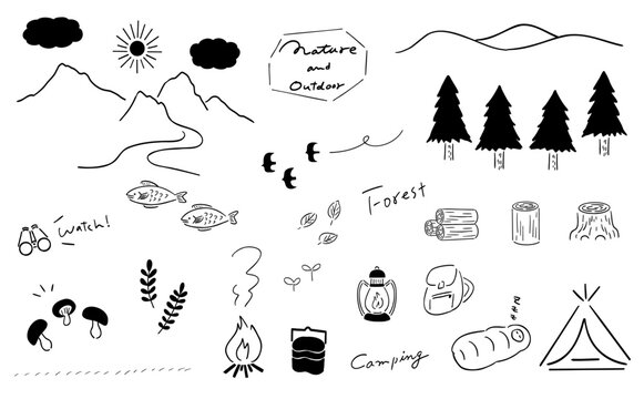 自然の中で楽しむ！自然の恵み＆キャンプアイテム_シンプルな手描きの線画｜
Enjoy Nature! Gifts of Nature & Camping Items &ndash; Simple Hand-drawn Line Art