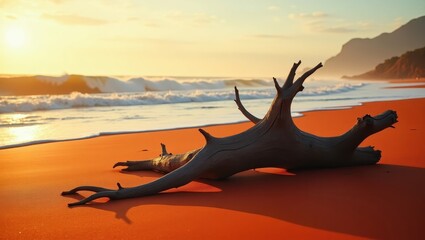 Dramatic seascape captures a weathered, dry tree trunk resting upon a striking orange beach during a sunset, creating a contrast with rolling ocean waves, offering a serene and picturesque coastal...