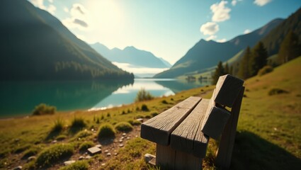Serene wooden bench rests in the foreground, offering a view of a vast lake surrounded by majestic mountains and lush greenery under a bright, clear sky filled with gentle clouds, 