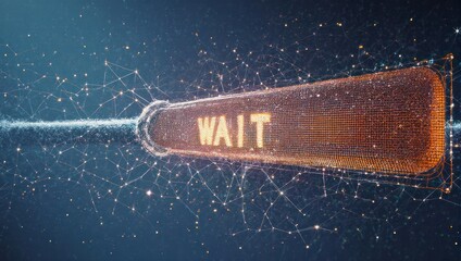 Orange "WAIT" button in a network of glowing dots. A digital rendering with connections