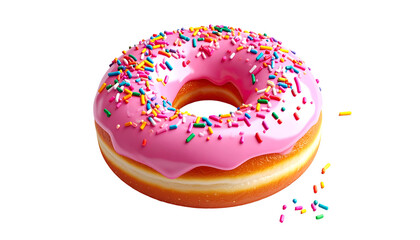 Vibrant Pink Glazed Donut with Colorful Rainbow Sprinkles on Black Background: Irresistible Sweet Treat & Dessert