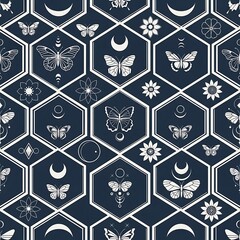 Celestial Butterflies and Moons - A Mystical Hexagon Pattern.