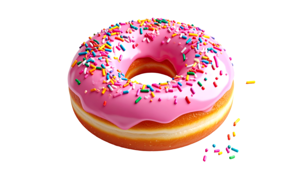 Vibrant Pink Glazed Donut with Colorful Rainbow Sprinkles on Black Background: Irresistible Sweet Treat & Dessert