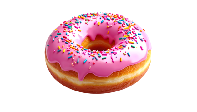 Delicious Pink Glazed Donut with Colorful Rainbow Sprinkles Isolated on Black. Sweet Bakery Dessert, Treat & Snack for Advertising & Marketing.