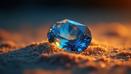 Sparkling blue gemstone rests on a sandy surface, illuminated by warm, golden light, creating a beautiful contrast against the darker background with soft bokeh and an overall luxurious aesthetic.