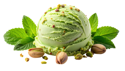 Pistachio Ice Cream Scoop Garnished with Mint Leaves and Nuts on a Transparent Background