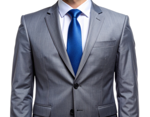 - Gray Suit Jacket with White Shirt and Blue Tie, Front Identification Photo Style, Isolated on Transparent Background