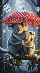 Koala Family Under Umbrella in Winter Wonderland - A Heartwarming Scene.
