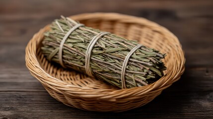 Obraz premium A bundle of dried herbs is neatly tied and placed in a woven basket, creating a rustic and natural aesthetic.