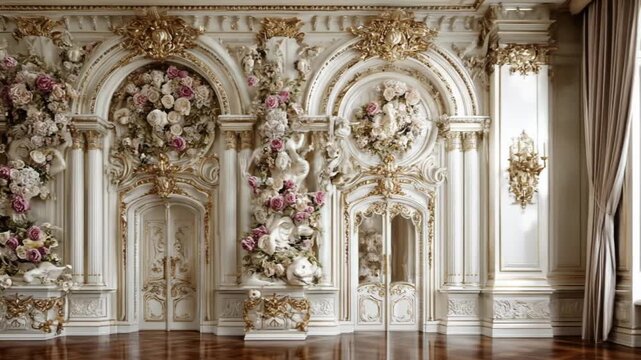 Elegant White and Gold Ornate Wall with Lush Pink and White Floral Arrangements in a Grand Rococo-Inspired Interior Design