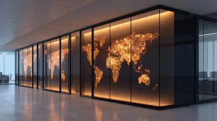 A modern office space featuring a luminous world map displayed on glass walls, creating a tech-savvy and professional ambiance.