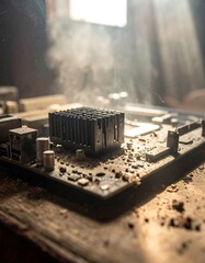 Dusty computer motherboard in sunlit workshop