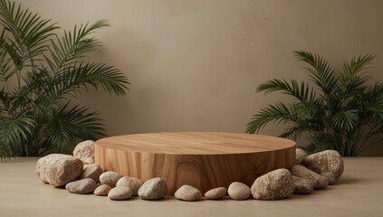 Wooden display platform surrounded by natural stones and lush green foliage, creating a serene, minimalist composition with earthy tones and a focus on showcasing products in a tranquil,...