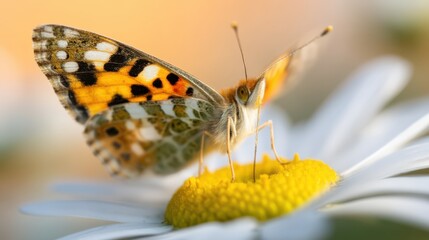 Fototapeta premium A close-up of a butterfly perched on a flower, showcasing its vibrant orange and black wings against a soft, blurred background.