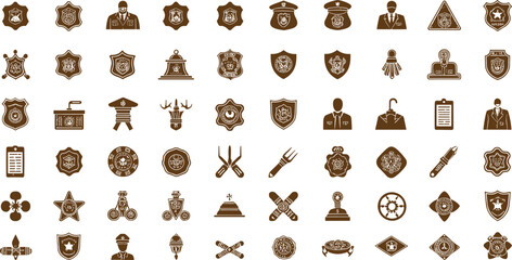 Police badge and security emblem icon set, law enforcement insignia symbols, justice authority elements, officer rank design, protection vector illustration