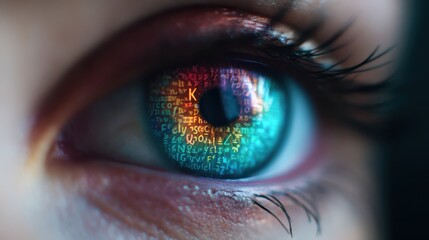A close-up of an eye reflecting colorful, swirling letters and symbols, symbolizing perception, knowledge, and digital information.