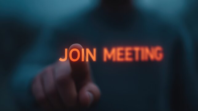 A hand reaches toward a digital interface displaying the words "JOIN MEETING," symbolizing virtual communication and collaboration.