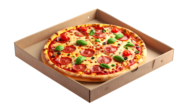 Classic Pepperoni Pizza in Takeaway Box. Freshly baked with melted cheese, basil, cherry tomatoes & olives on a black background. Ideal for food advertising, menus & delivery apps.