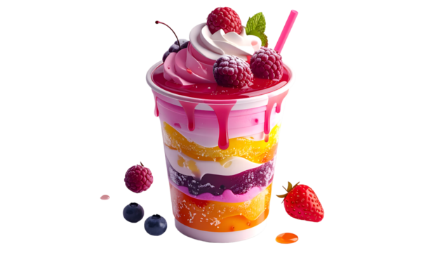 Vibrant Layered Fruit Smoothie Parfait with Whipped Cream & Fresh Berries Isolated on Black Background