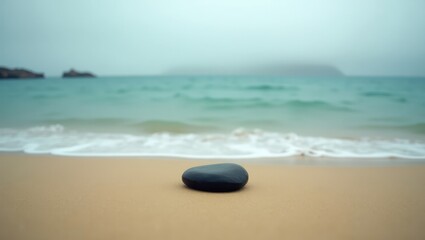 A smooth, dark stone rests on a sandy beach with gentle waves lapping the shoreline, while the turquoise water and a distant island are veiled in a misty, overcast sky, 