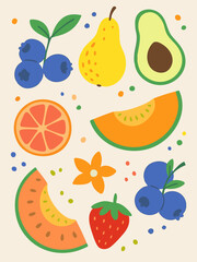 Vector Pattern of Fresh Fruit in Modern Minimalist Style with Bright Color Palette