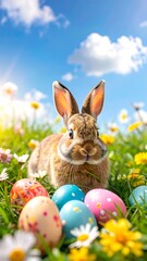 Easter bunny in a field of flowers with colorful eggs