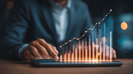 Business, finance and investment concept. Finance analyst using digital tablet analyzing and calculating financial data with economic graph growth chart, Business strategy and planning