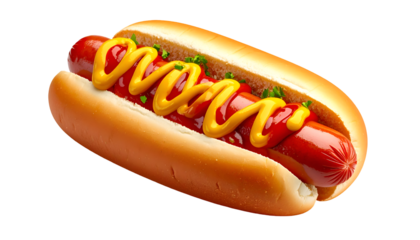 Classic Hot Dog with Ketchup & Mustard on a Toasted Bun, Isolated on Black. Perfect for Menus, Advertisements, and Fast Food Promotions.