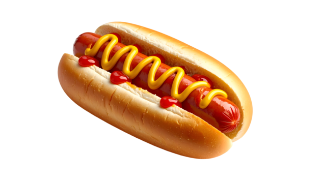Perfect Classic Hot Dog with Golden Mustard and Red Ketchup Isolated on Black – Iconic American Fast Food Delicacy