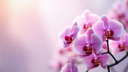 Delicate clusters of vibrant pink orchid flowers bloom against a soft, blurred background of complimentary colors, showcasing intricate details and textures with a focus on natural beauty and...