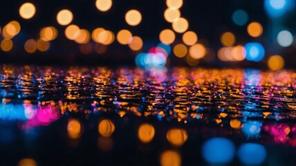 Wet asphalt reflecting colorful city lights at night