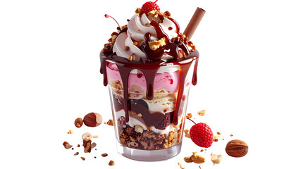 Gourmet Decadent Ice Cream Parfait with Dripping Chocolate, Whipped Cream, Nuts, and Raspberry on Black Background – Indulgent Dessert Temptation