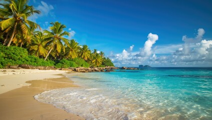 A stunning coastal landscape presents a serene scene of a tropical beach with clear turquoise water,
