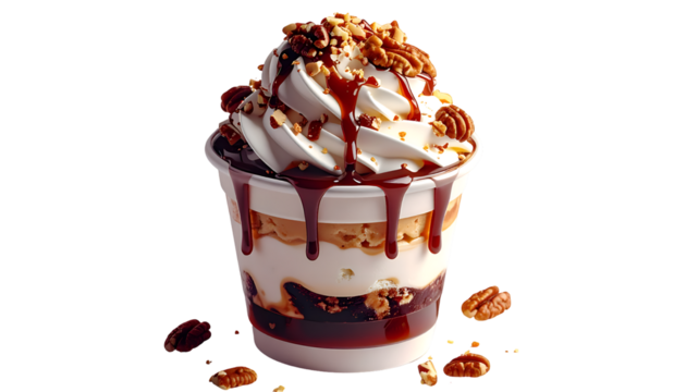 Decadent Caramel Pecan Sundae with Rich Chocolate Syrup, Creamy Whipped Topping, and Nuts in a Cup. Delicious Dessert Isolated on Black Background.
