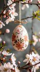 Easter egg hanging among blossoming branches