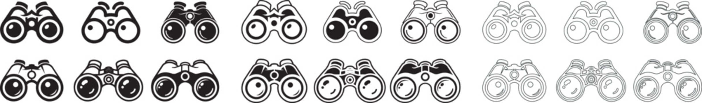 Binoculars Vector Icons Set Optics Equipment Spyglass Instrument Illustration for Travel Exploration Observation and Visual Acuity, Flat Design